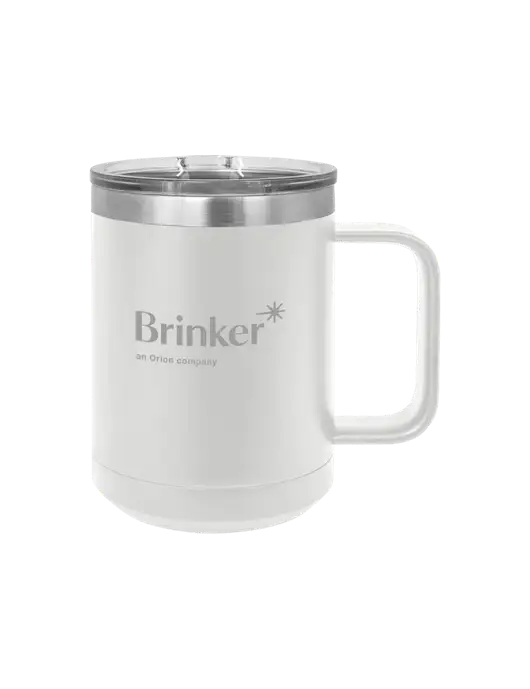 Polar Camel 15 oz Powder Coated White Vacuum Insulated Mug with Slider Lid w/Brinker Logo