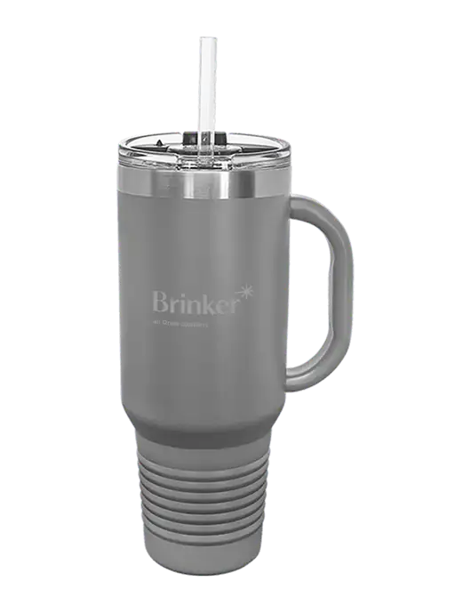 Polar Camel 40 oz. Powder Coated Vacuum Insulated Grey Travel Mug with Straw w/Brinker Logo