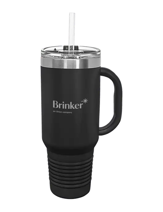 Polar Camel 40 oz. Powder Coated Vacuum Insulated Black Travel Mug with Straw w/Brinker Logo