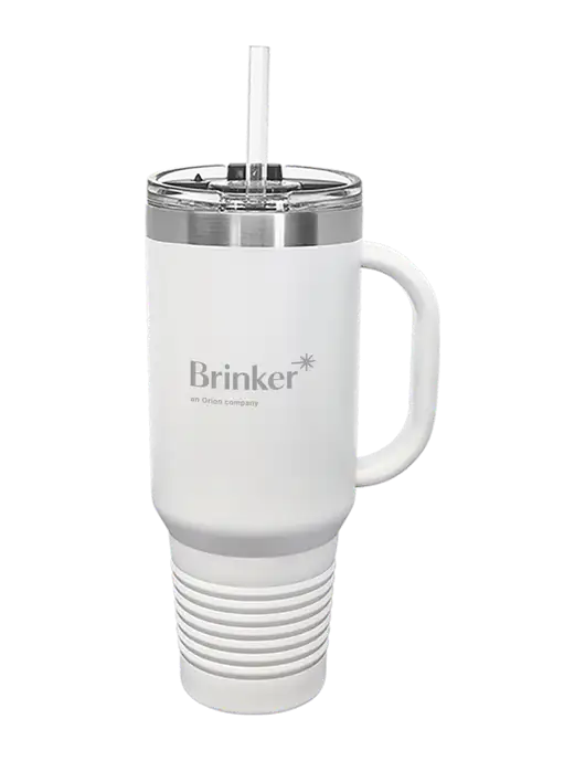 Polar Camel 40 oz. Powder Coated Vacuum Insulated White Travel Mug with Straw w/Brinker Logo