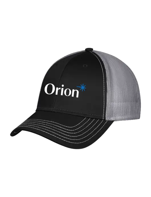 Black/Medium Dark Grey Mesh Trucker Cap Snap Back w/Orion Logo