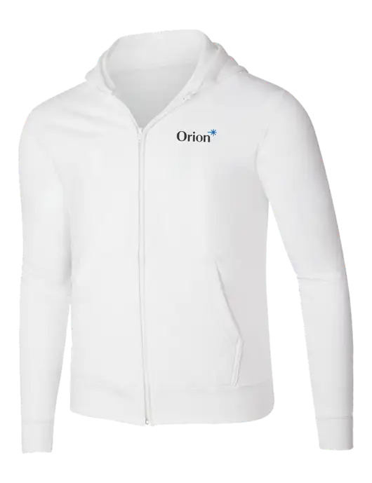 White 8.5 oz Ring Spun Zip Hooded Sweatshirt w/Orion Logo