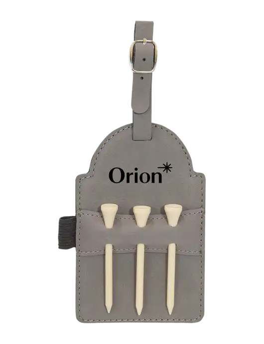 Grey Leatherette Golf Bag Tag with 3 Wooden Tees w/Orion Logo