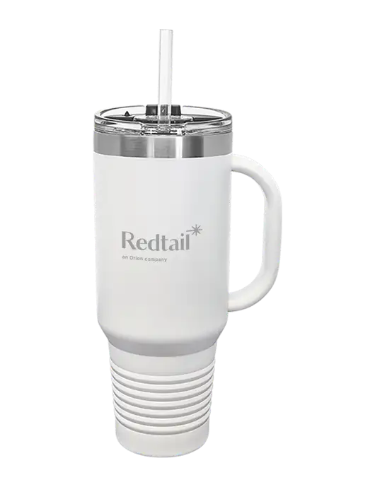 Polar Camel 40 oz. Powder Coated Vacuum Insulated White Travel Mug with Straw w/Redtail Logo