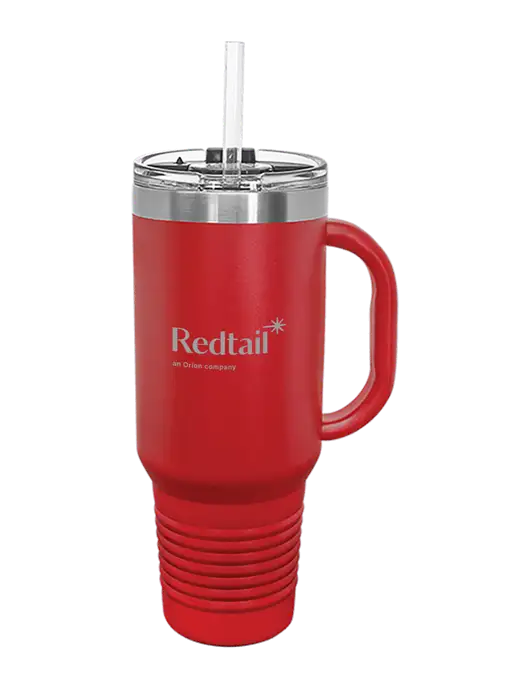 Polar Camel 40 oz. Powder Coated Vacuum Insulated Red Travel Mug with Straw w/Redtail Logo
