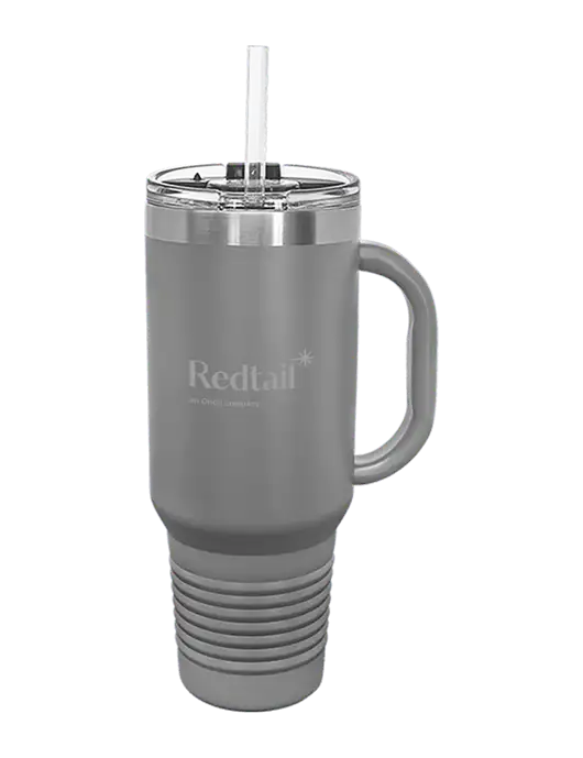 Polar Camel 40 oz. Powder Coated Vacuum Insulated Grey Travel Mug with Straw w/Redtail Logo