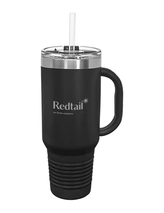 Polar Camel 40 oz. Powder Coated Vacuum Insulated Black Travel Mug with Straw w/Redtail Logo